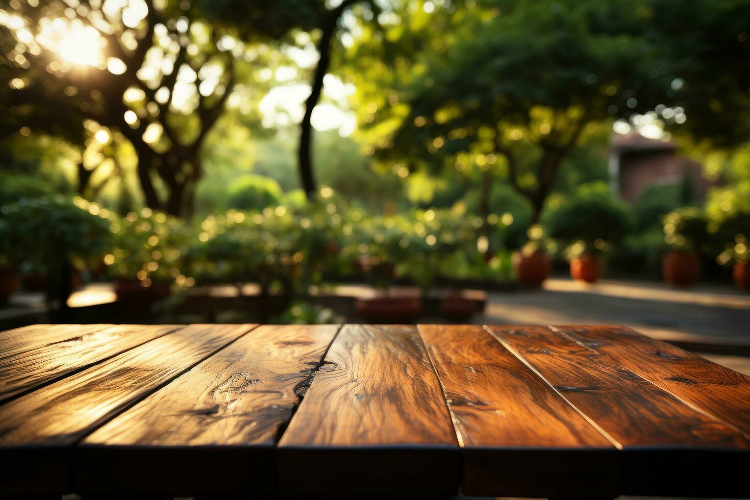 Wooden board empty table in front of blurred green garden background Generative AI photo