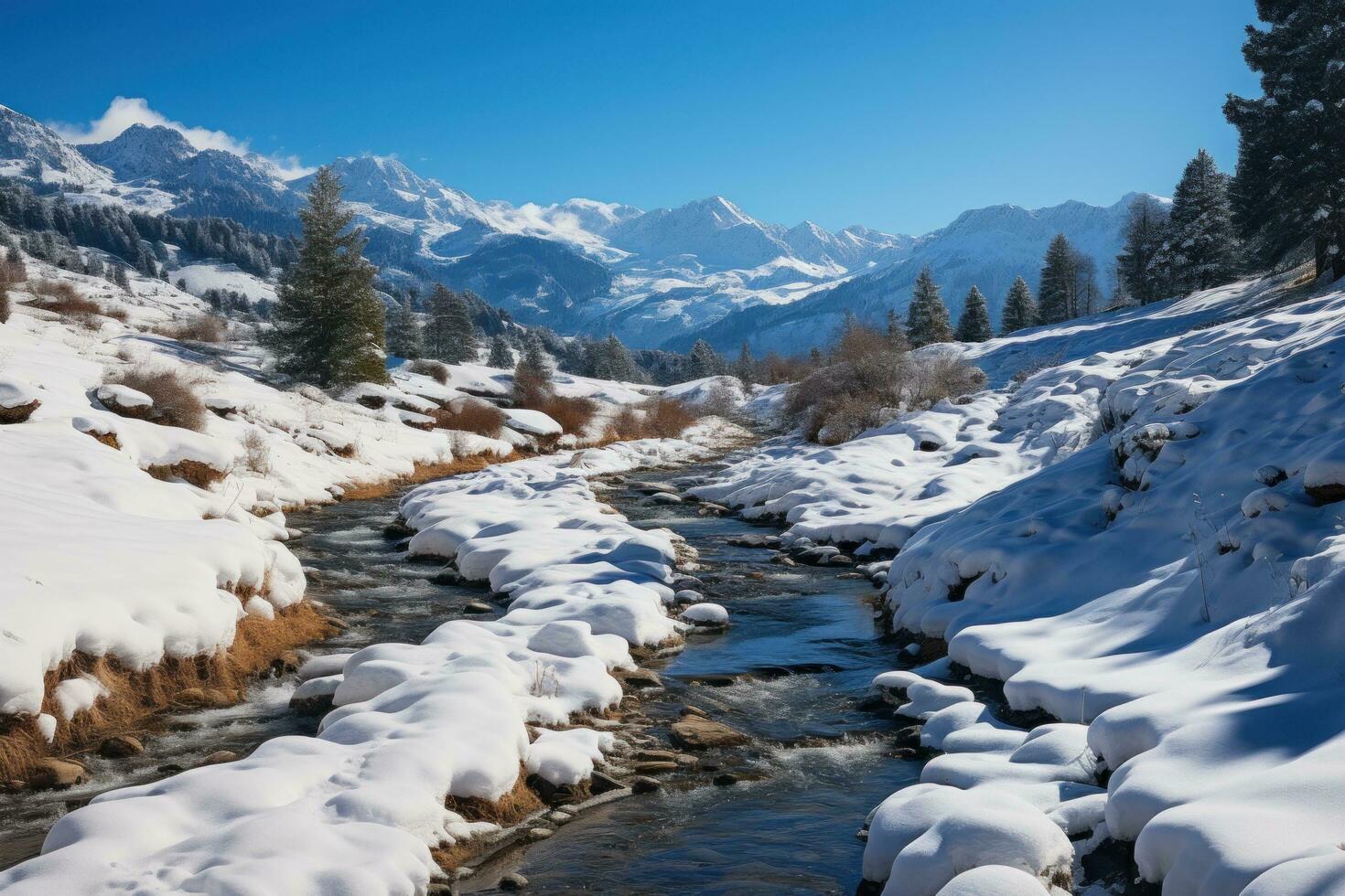 Snow mountain with a lake Generative AI photo