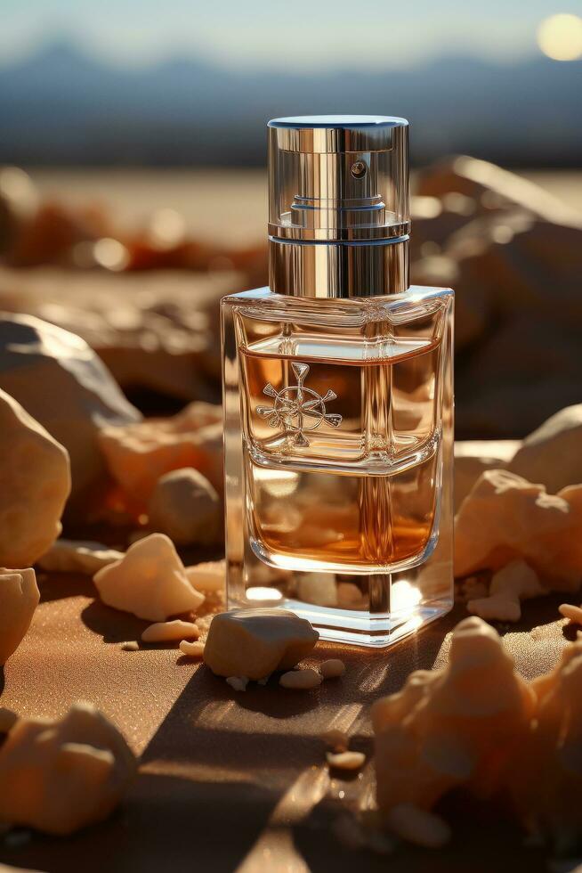 bottle of perfume with stones Generative AI photo