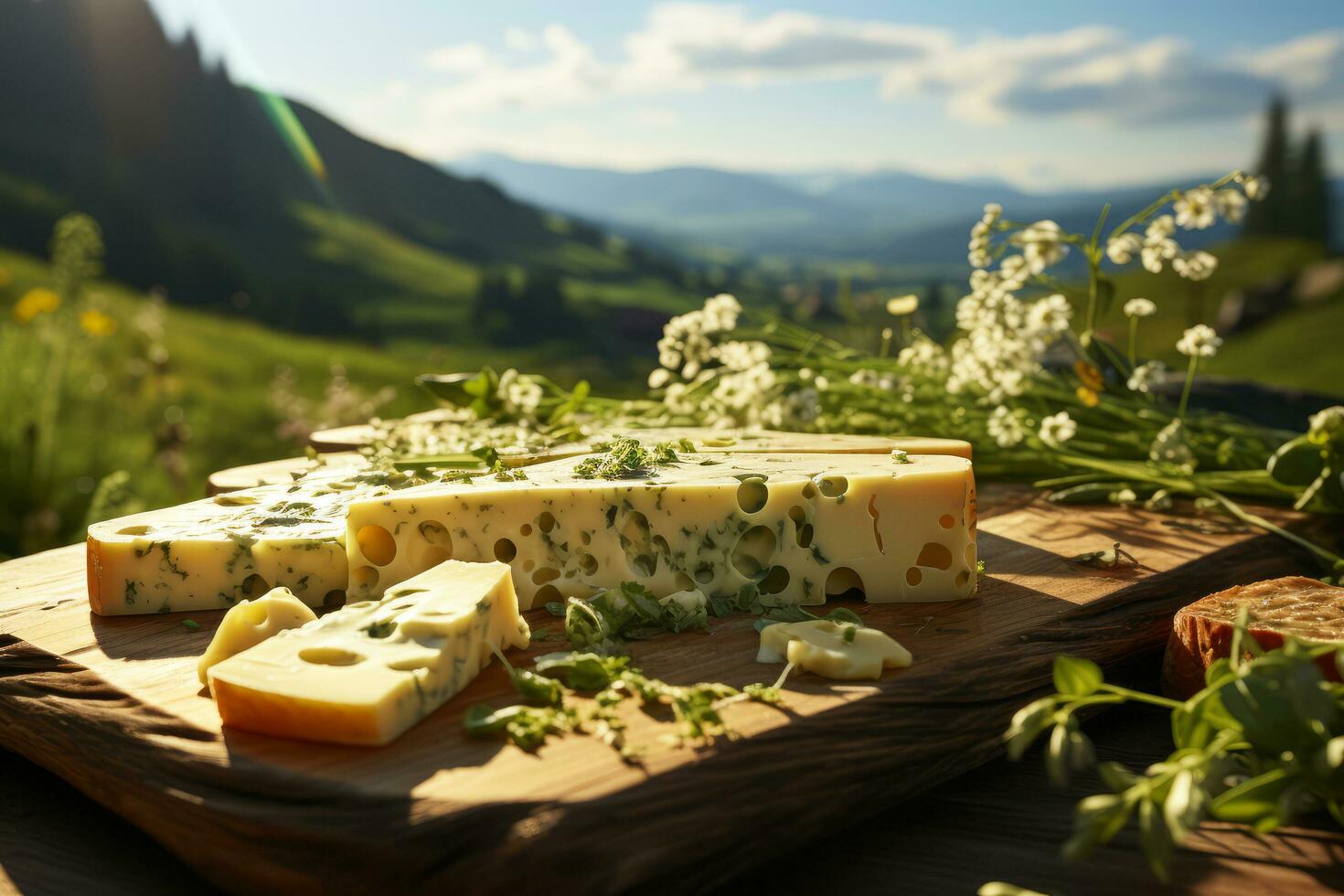close up on melted cheese on wooden board Generative AI photo
