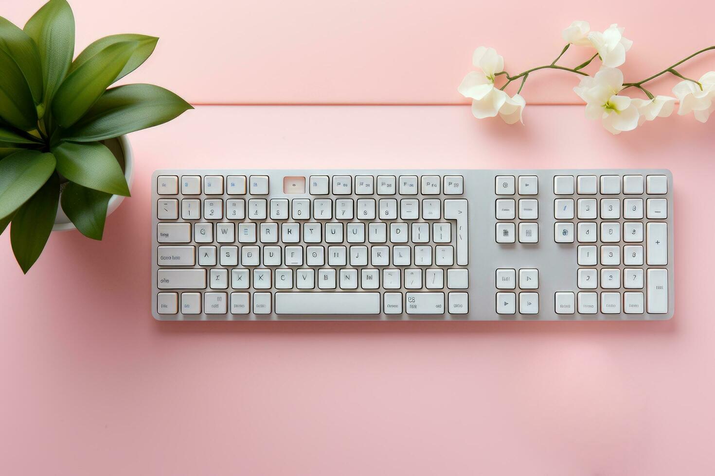 white keyboard on pink background Generative AI photo
