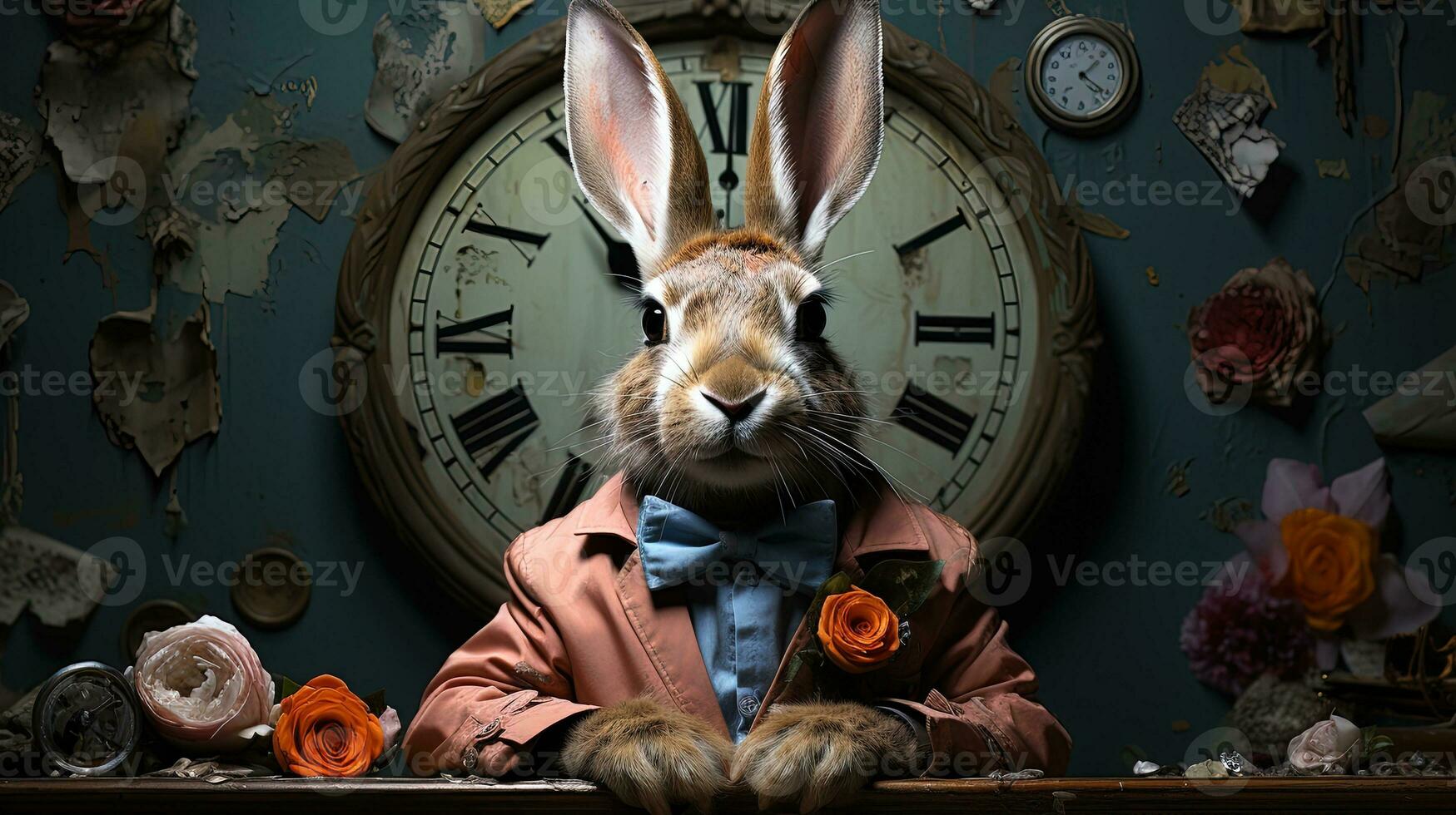 Easter bunny with bow tie and sunglasses on abstract colorful background. AI generative photo