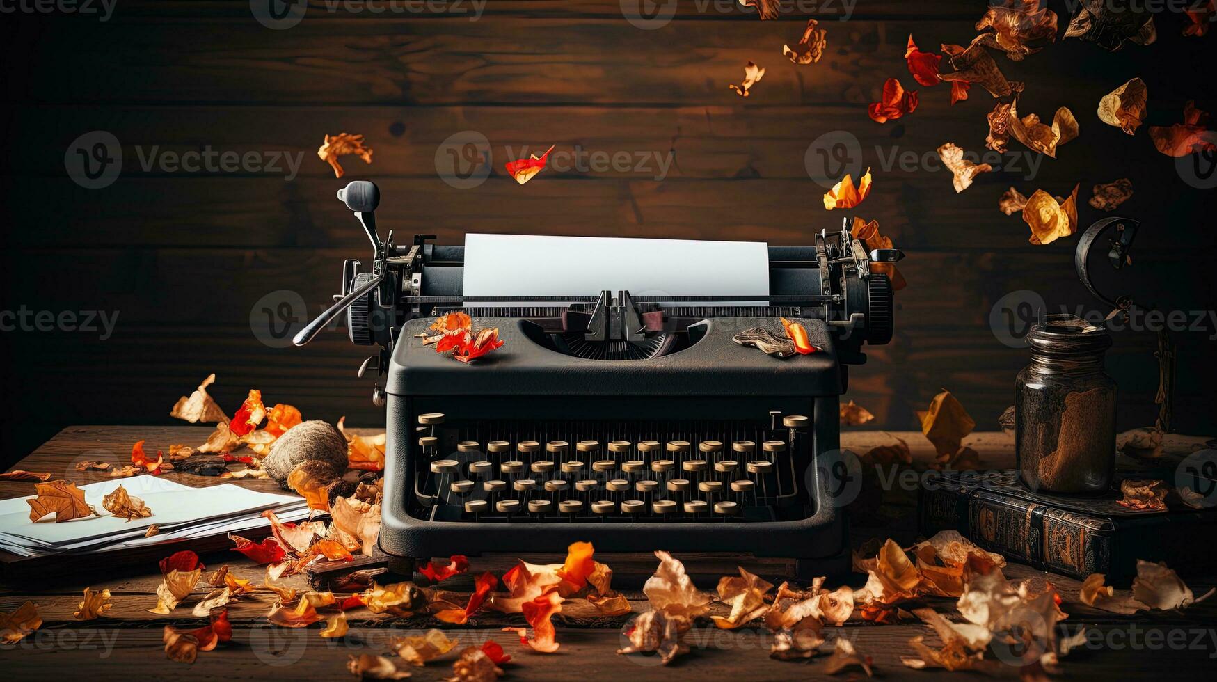 Vintage typewriter and autumn leaves on wooden background. Copy space. AI generative photo