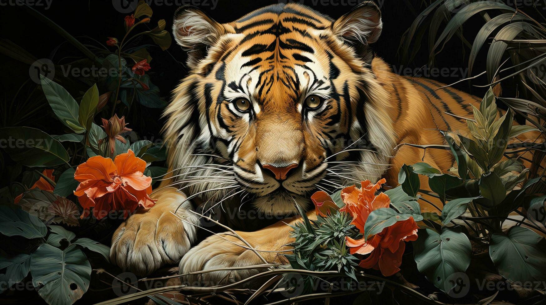 Beautiful tiger with flowers in the jungle. 3Digital painting of a wild animal. AI generative photo