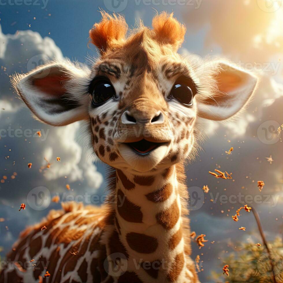 Cute baby giraffe with big eyes and clouds of smoke on background. AI generative photo