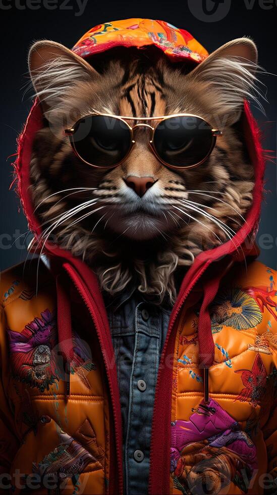 Portrait of a bengal cat wearing sunglasses and a jacket. AI generative photo