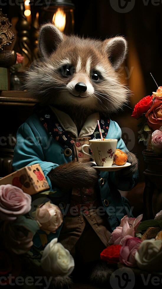Panda in the night. Red panda wearing suit and hat sits in a vintage room. AI generative photo