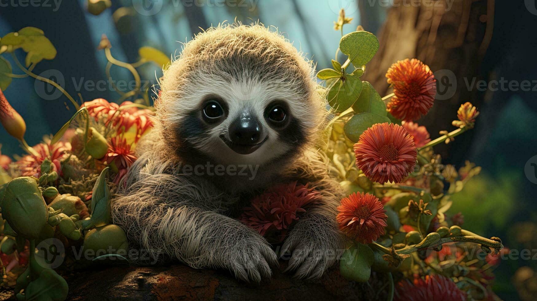 Cute sloth on the background of flowers in the meadow. AI generative photo