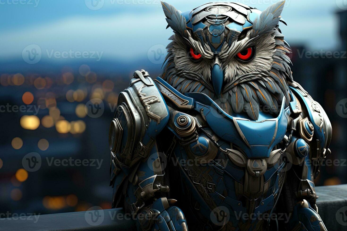 3D illustration of a fantasy character, an owl in armor. AI generative photo