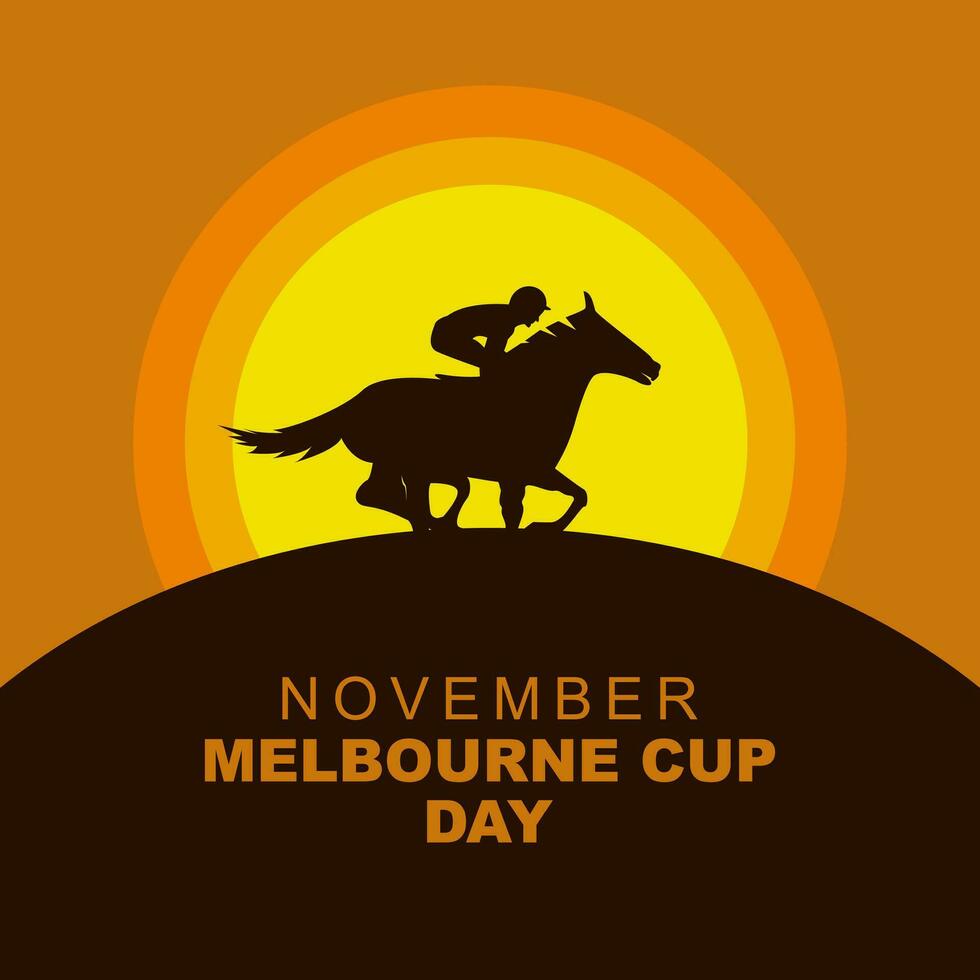 Vector illustration of Melbourne Cup Day November, design with silhouettes of people racing horses on sunset background