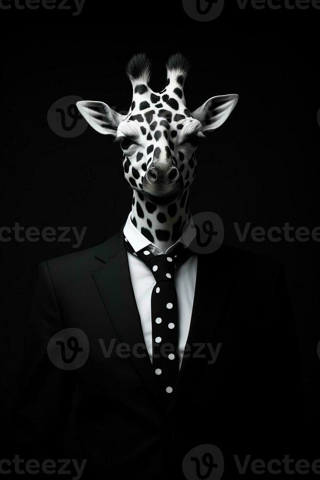 Portrait of a giraffe in a suit and tie on a black background. anthropomorphic giraffe.AI generative photo