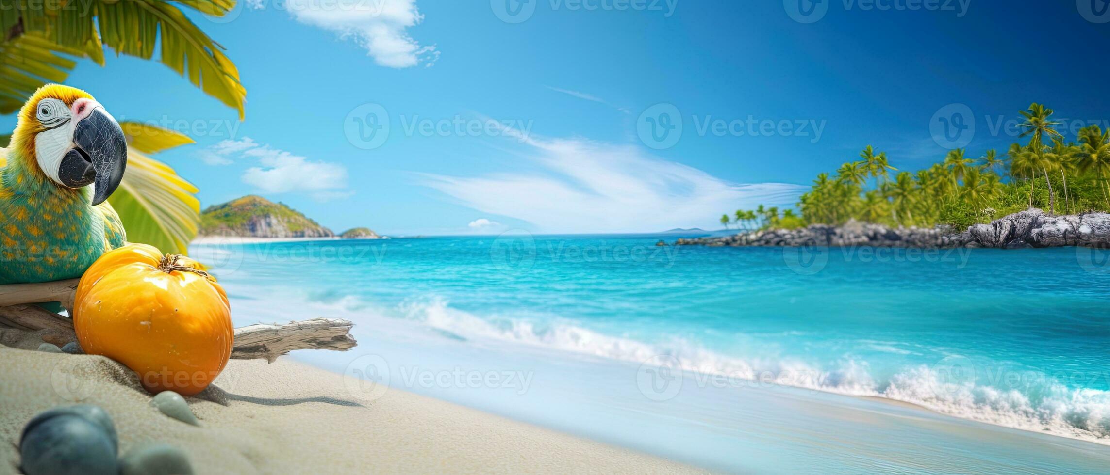 Blue bird sitting on a pebble beach with palm trees and turquoise sea Copy space AI generative photo