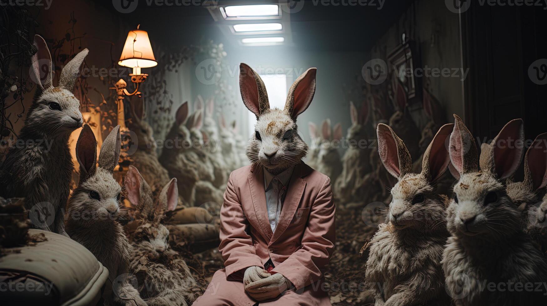 Rabbit hunter in the forest. A hare in a hunting suit and rabbit ears. AI generative photo