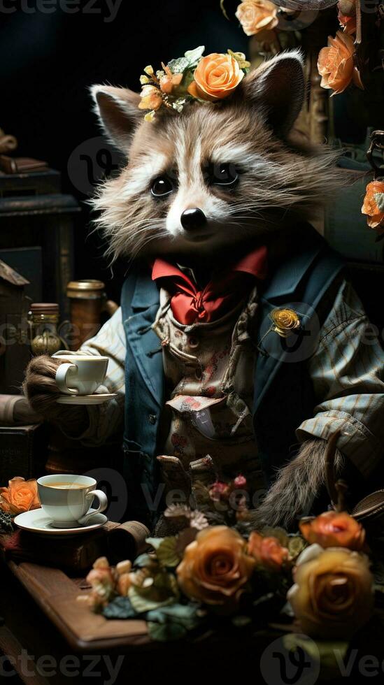 Panda in the night. Red panda wearing suit and hat sits in a vintage room. AI generative photo