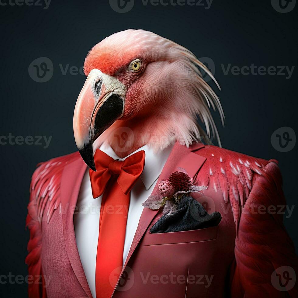 Flamingo in a pink suit and tie on a dark background. anthropomorphic flamingo. AI generative photo