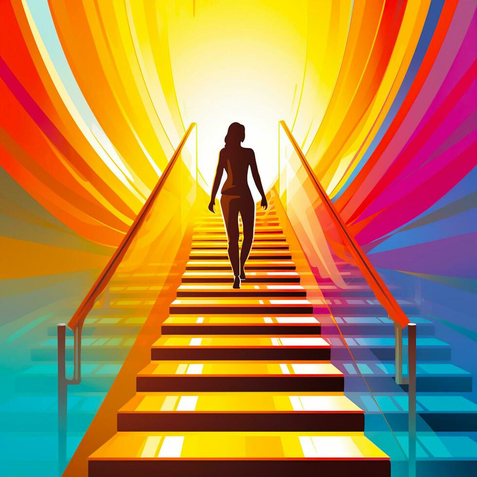 Vector vector illustration of businesswoman walking up on stairs to opened door photo