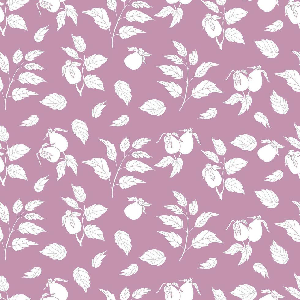 briar seamless pattern Rosehip branch with fruits and leaves on pink background. Vector Illustration hand drawn for wallpaper, design, textile, packaging, decor.