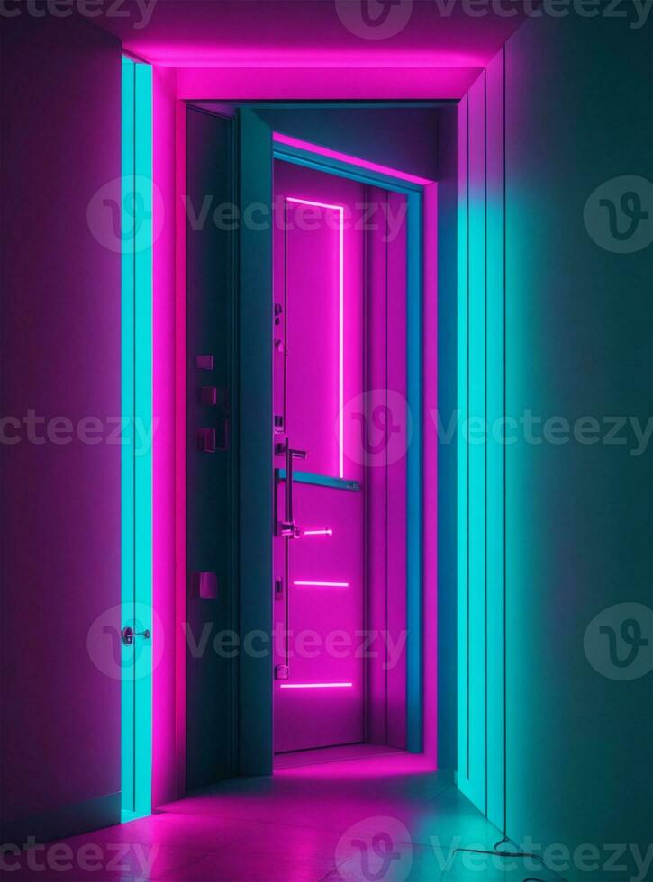 3d rendering of a closed door in a bright room with neon lights photo