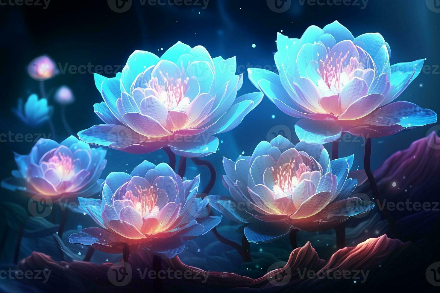 Abstract 3d neon flowers on a dark background. Creative fractal design. Ai generated photo