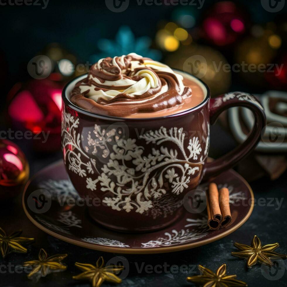 Hot chocolate or coffee with whipped cream in a cinnamon cup with beautiful decoration, with cinnamon and aniseed. Thanksgiving, Halloween, Christmas.  Ai generated photo