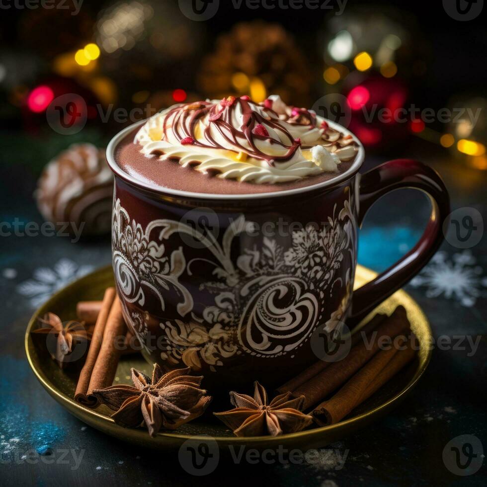 Hot chocolate or coffee with whipped cream in a cinnamon cup with beautiful decoration, with cinnamon and aniseed. Thanksgiving, Halloween, Christmas.  Ai generated photo