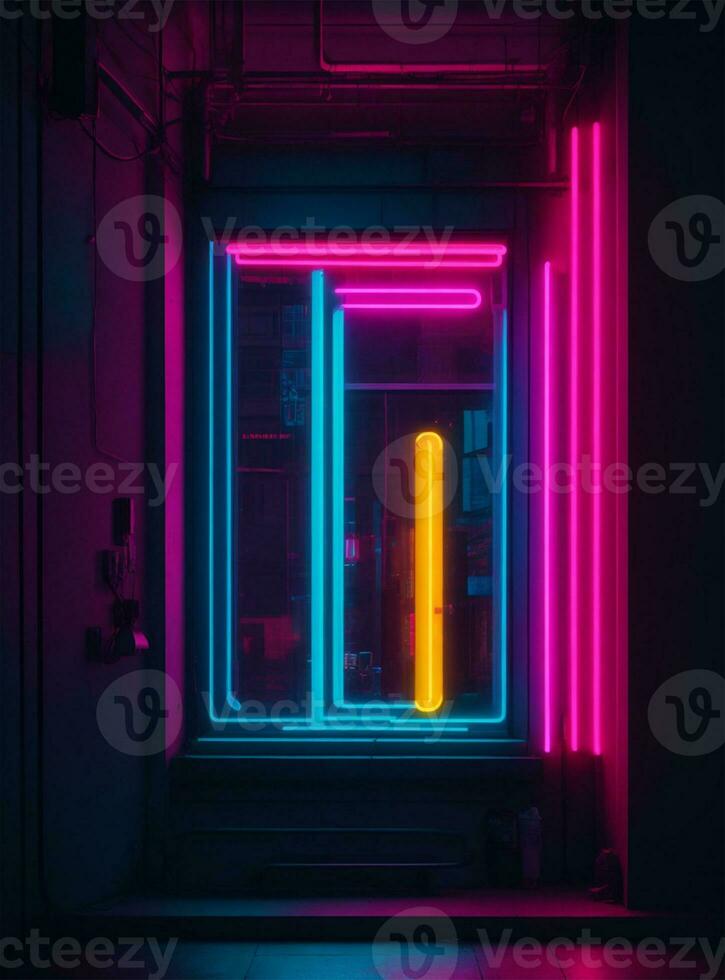 Glowing neon door in a dark window. 3D Rendering photo