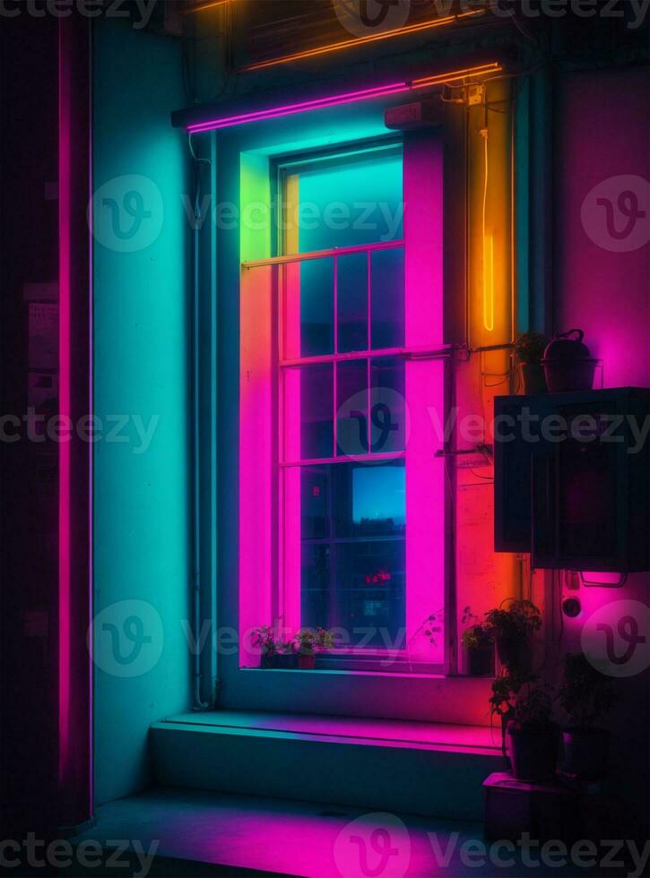 Glowing neon door in a dark window. 3D Rendering photo