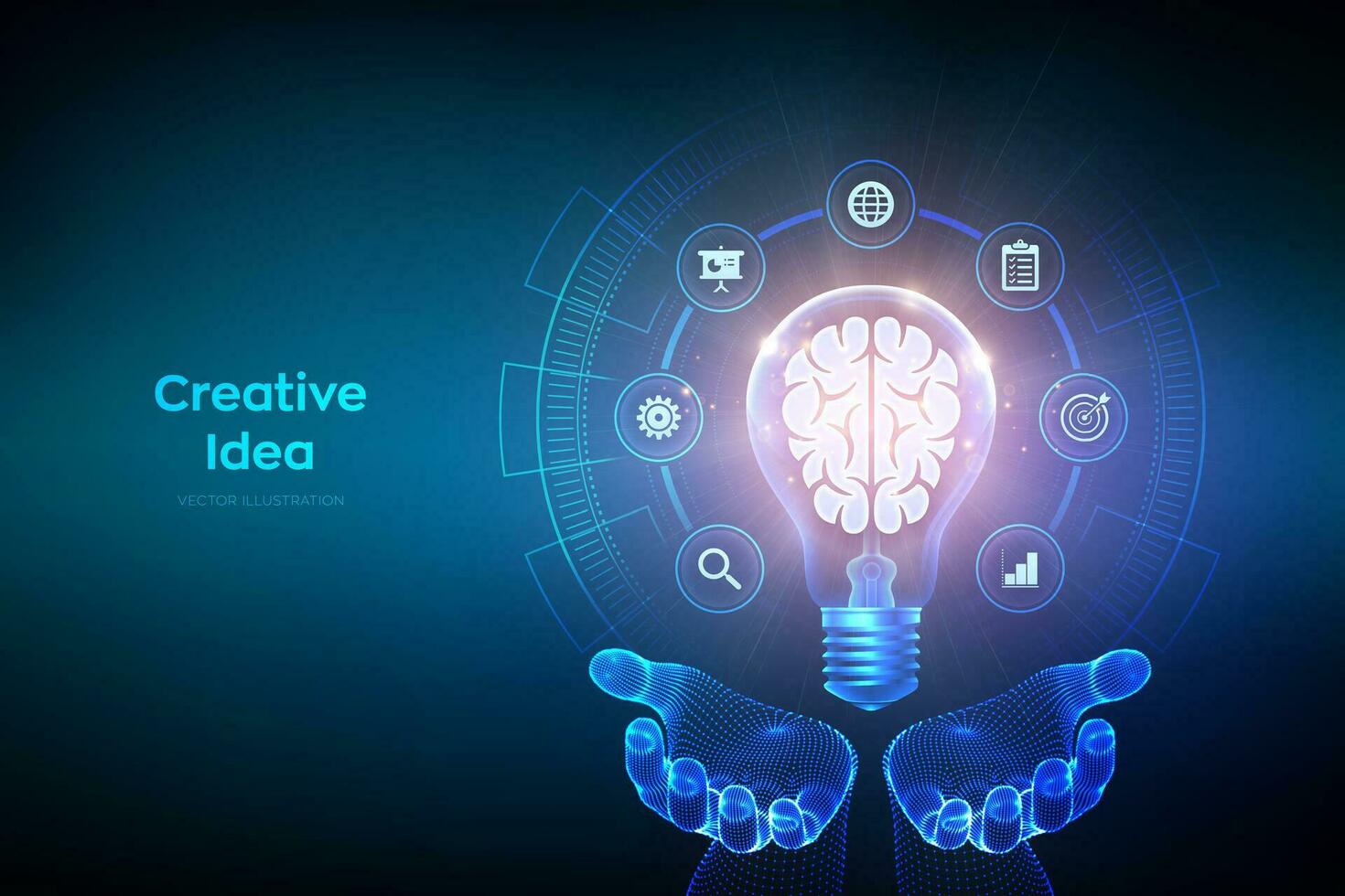 Creative Idea. Human brain in a light bulb in hands. Business idea, brainstorming. Creative Thinking. Light bulb with brain. Creativity, innovation, inspiration technology concept. Vector illustration