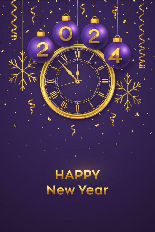 Happy New Year 2024. Hanging purple Christmas bauble balls with realistic gold 3d numbers 2024 and snowflakes. Watch with Roman numeral and countdown midnight eve for New Year. Merry Christmas. Vector