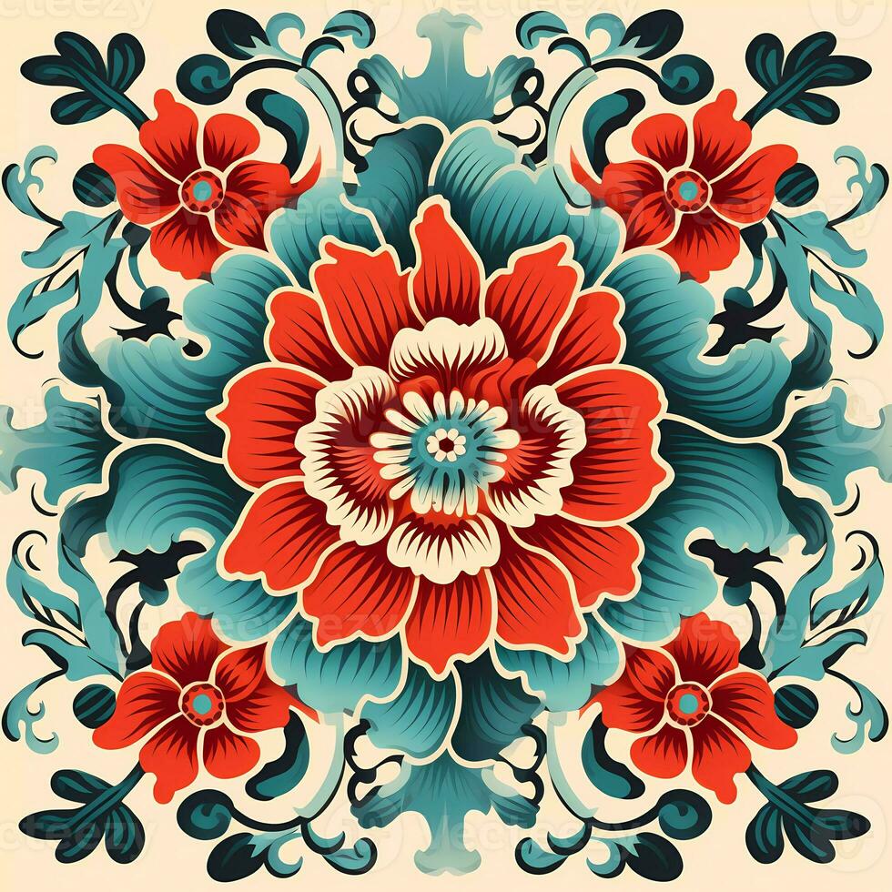 AI Generated Traditional Chinese floral elements and ornament. Flourish ornamental garden wallpaper in retro oriental style photo