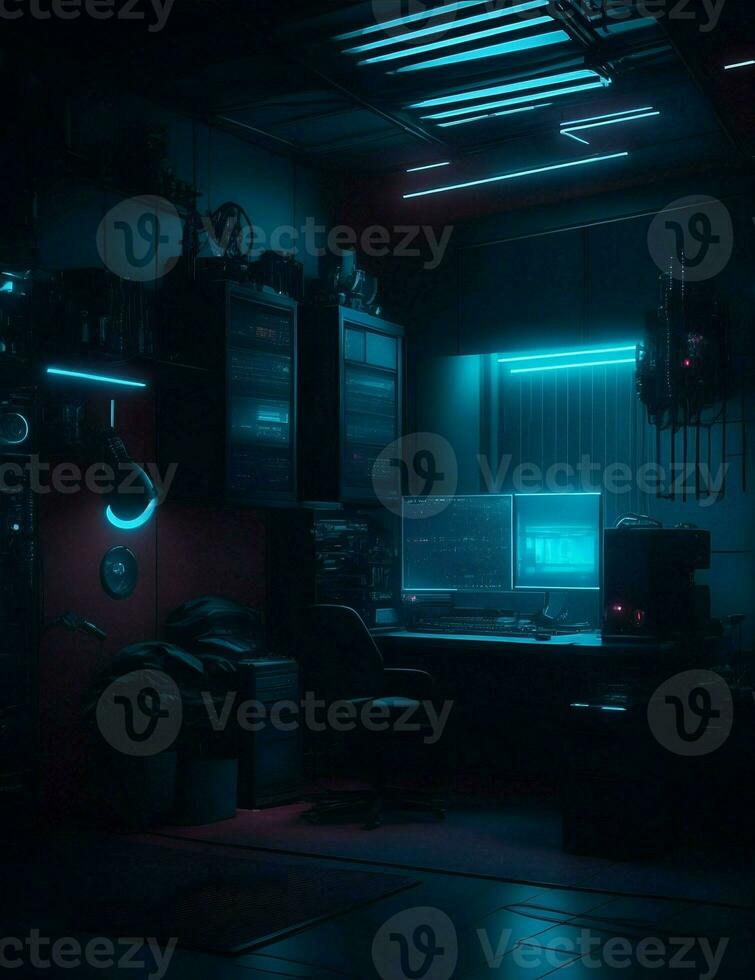dark room with film studio, computers, with spotlights, cyberpunk style illustration photo