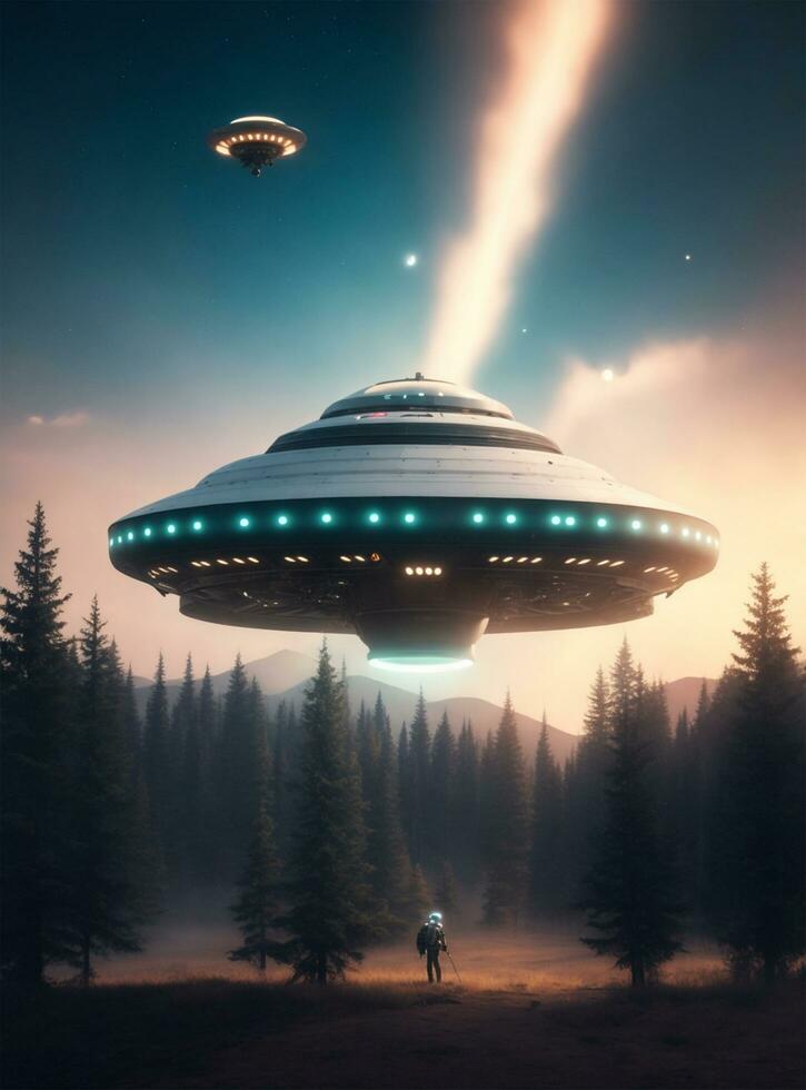 an alien spaceship flying over a forest photo