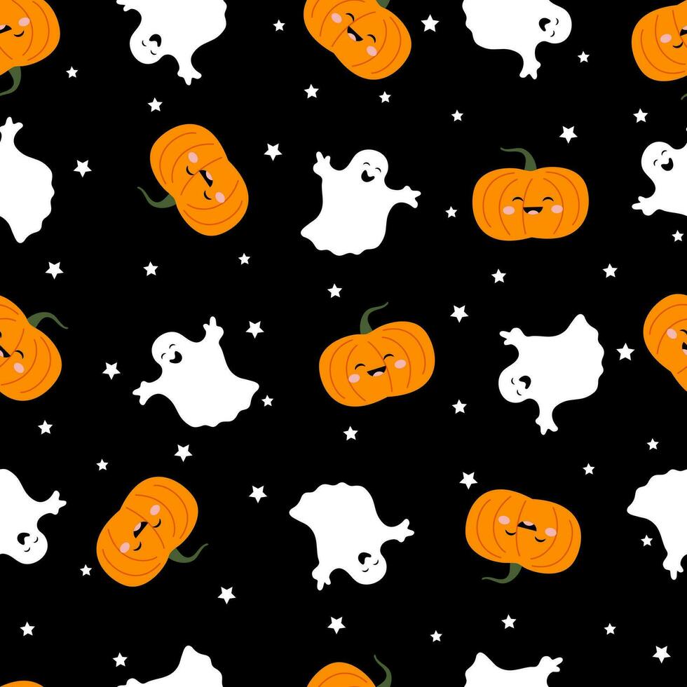 Halloween vector seamless pattern. Funny pumpkins with ghosts.