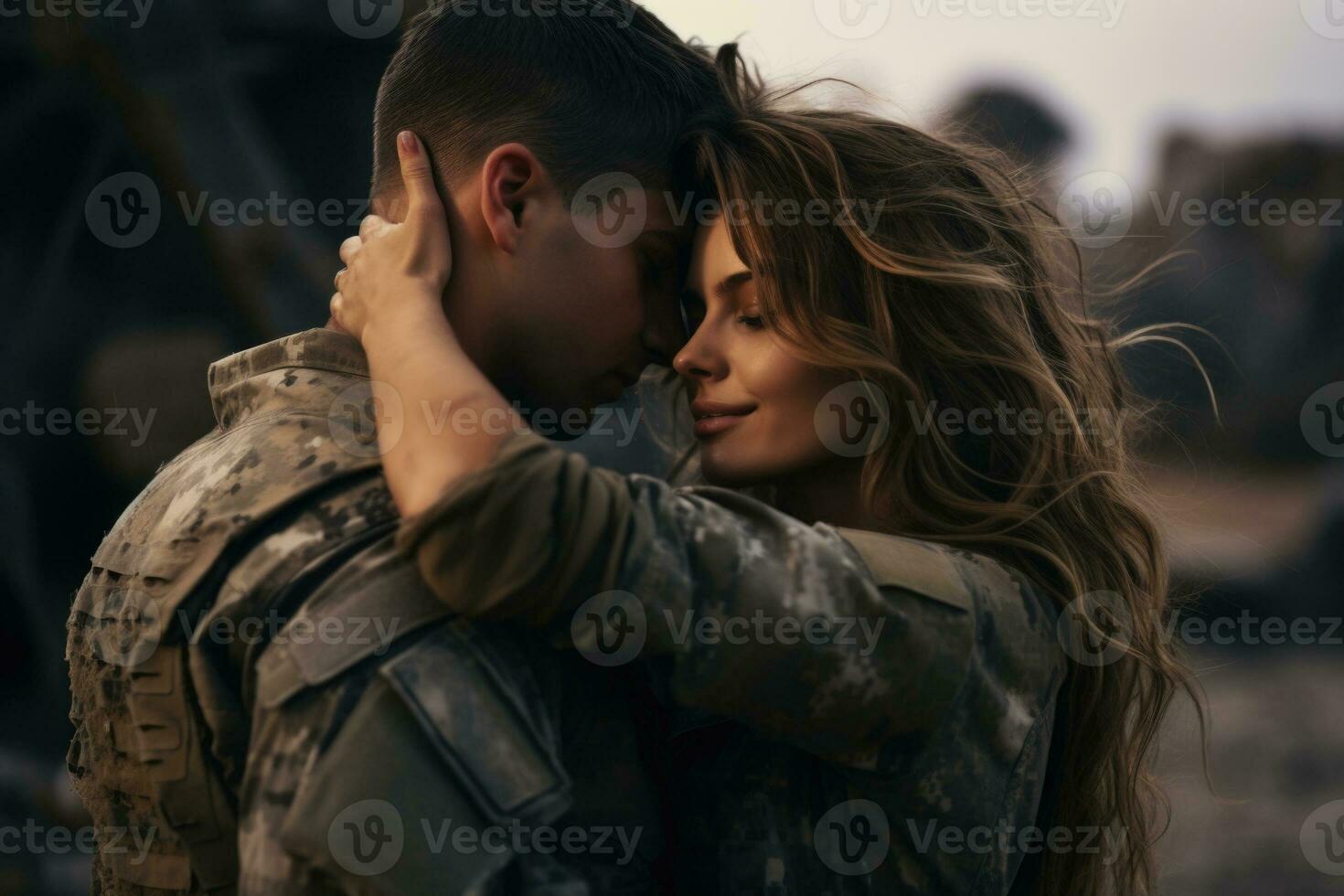 Military soldier embracing his wife. Generative AI photo