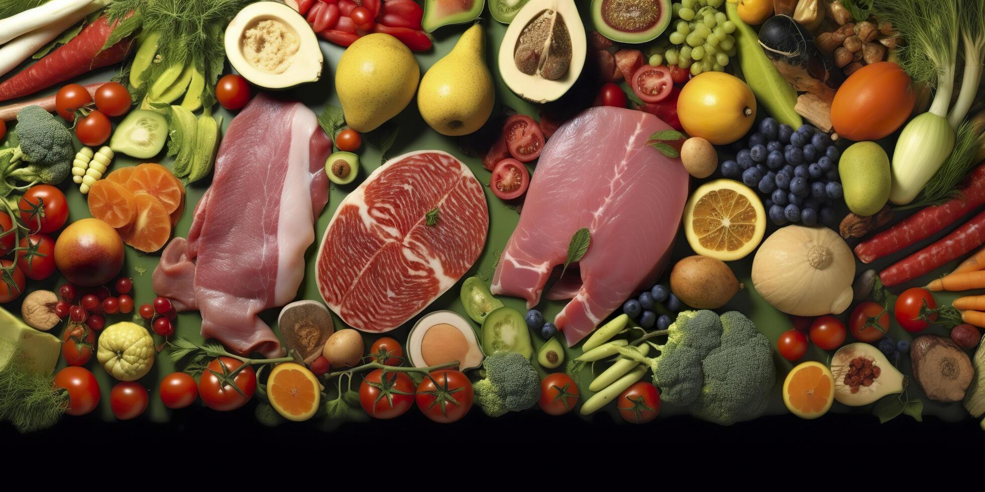 Different types of meats, vegetables, and fruits lay in supermarkets