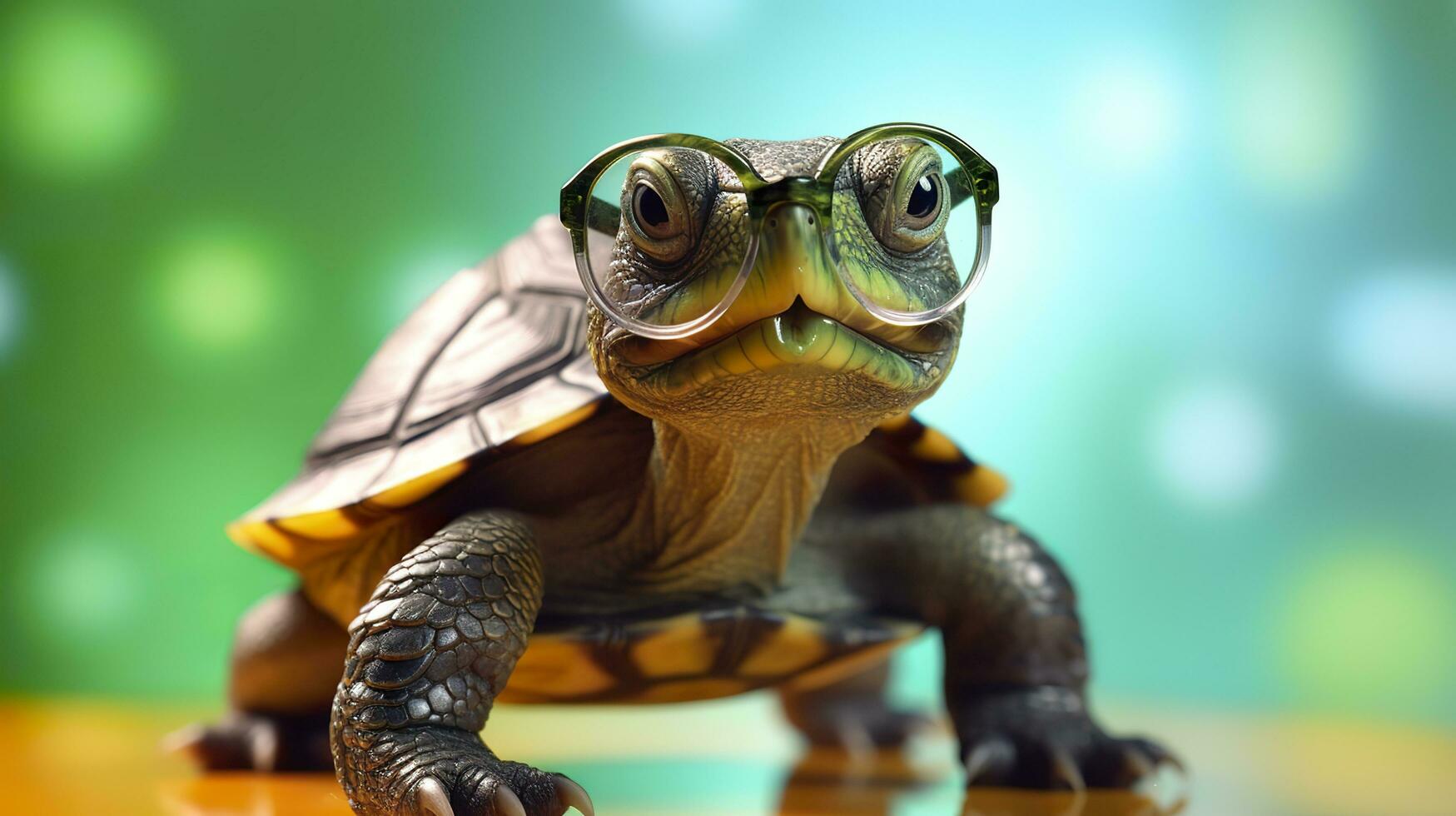 un linda pequeño verde Tortuga con anteojos, generar ai foto