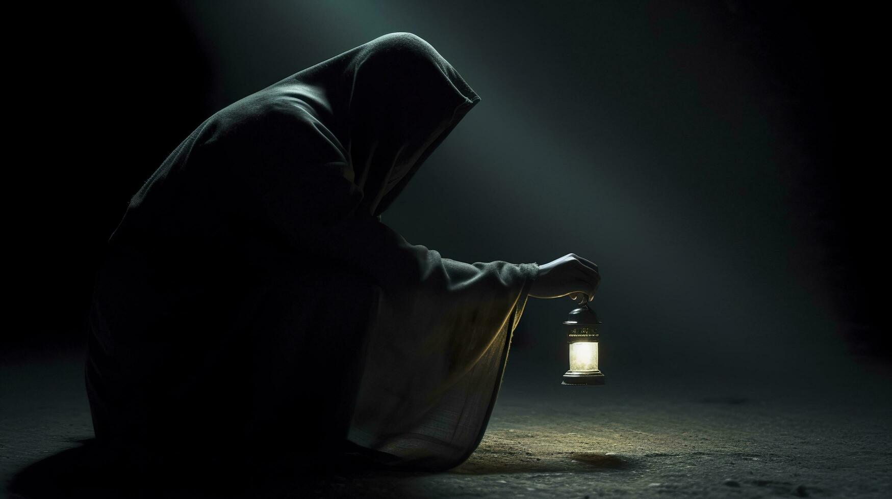 A hooded figure with a lantern searching for something. Generative AI photo