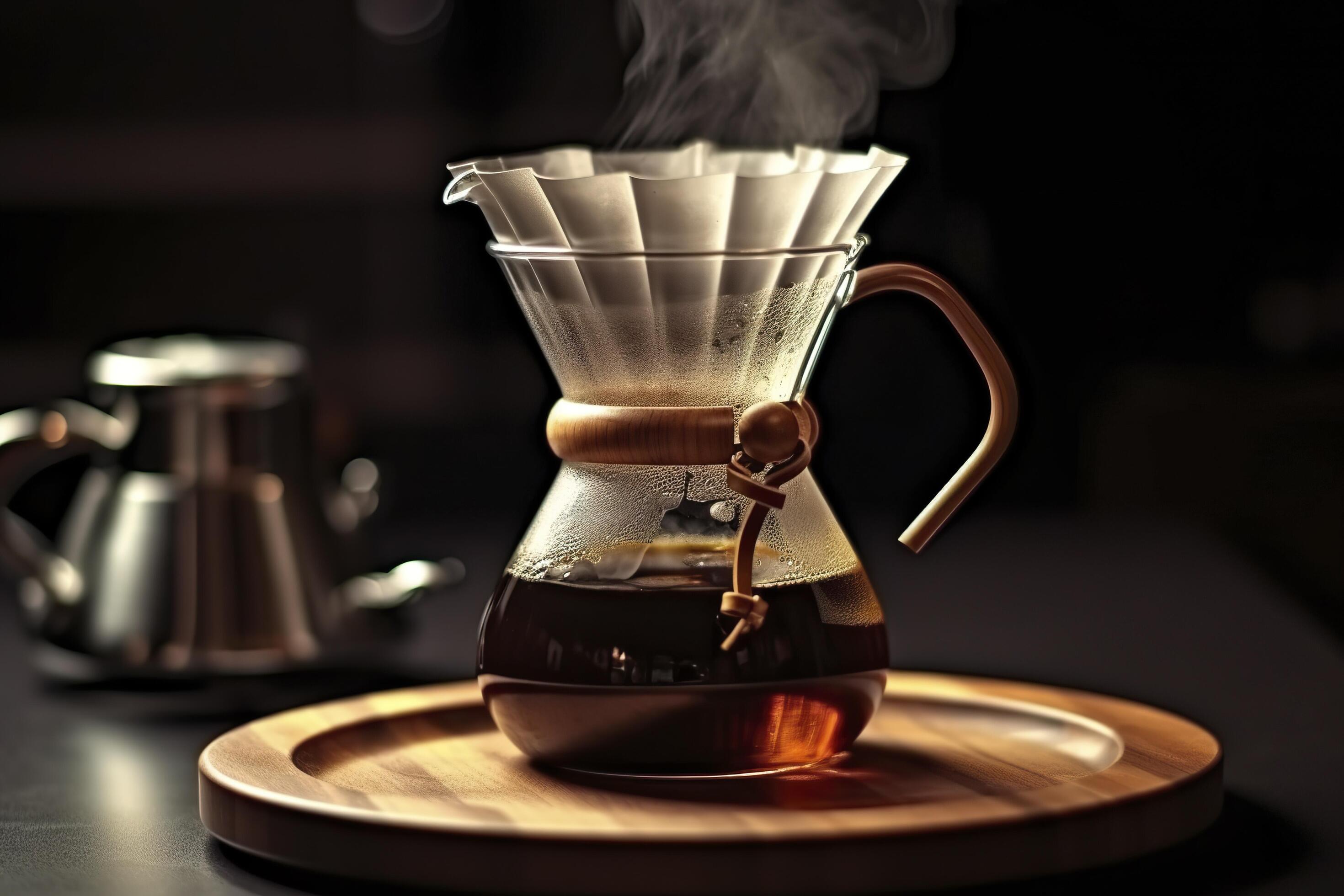 An alternative coffee brewing method is pure over, a glass teapot on a