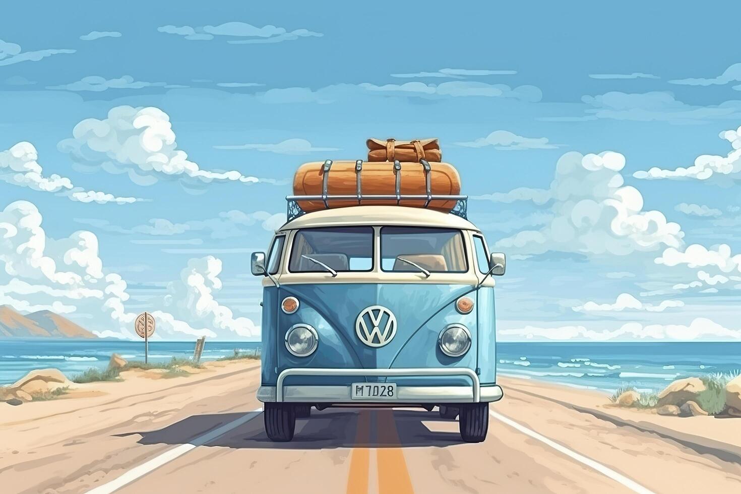 verano viajar, azul coche camioneta con equipaje para verano vacaciones, playa mar vista, vacaciones, ai generativo foto