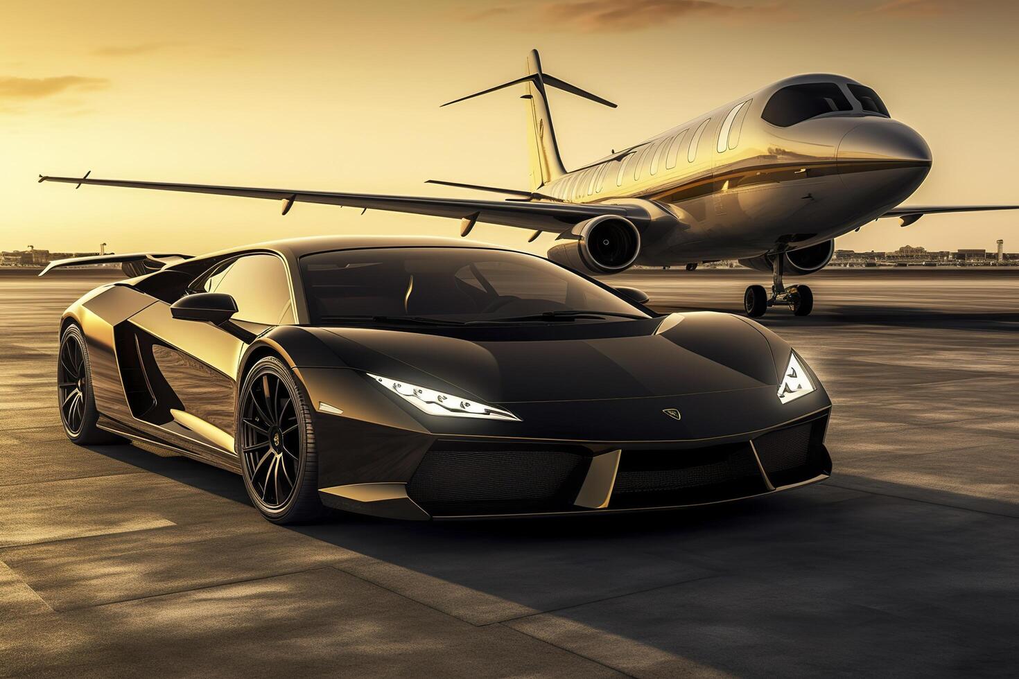 Super car and private jet on landing strip. Business class service at the airport. Business class transfer. Airport shuttle, AI Generative photo