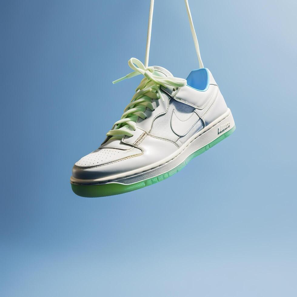 A white, blue, and green casual shoe is suspended in the air, in the style of hazy, dreamlike quality, AI Generative photo