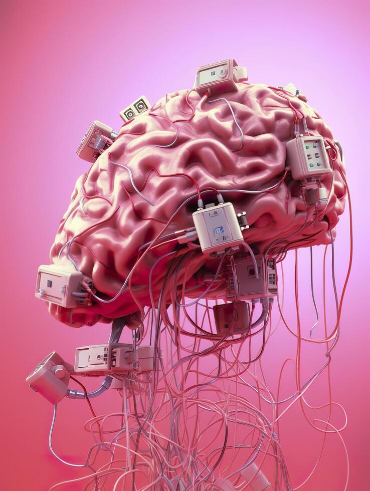 Big pink human brain with many audio jack cables plugged in this barin, 3d render, AI Generative photo