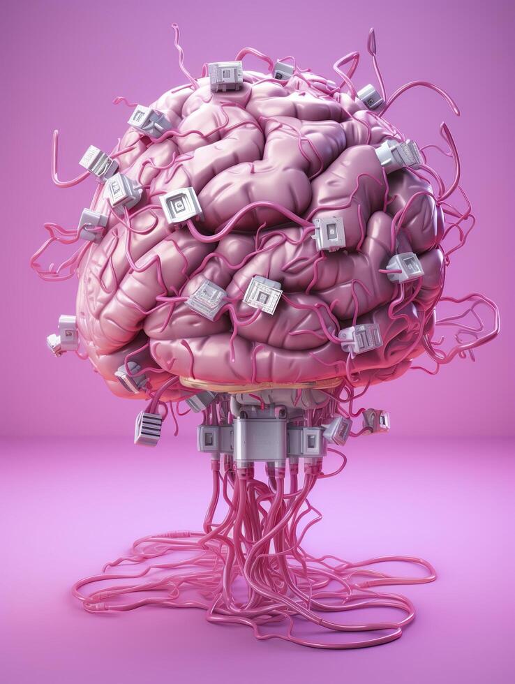 Big pink human brain with many audio jack cables plugged in this barin, 3d render, AI Generative photo