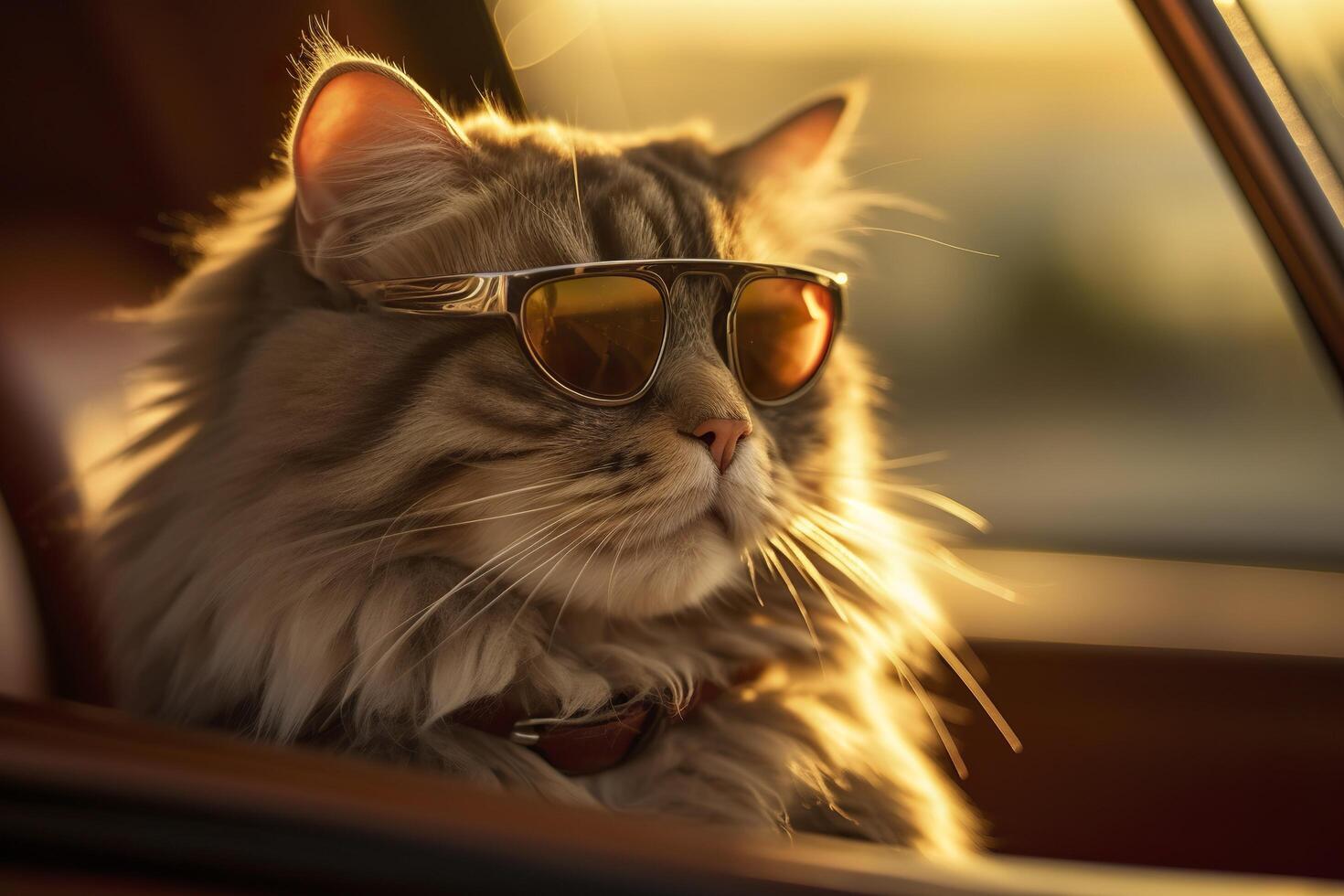 Capture a dreamy reflection by photographing a cat wearing sunglasses with a vintage Leica M6, highlighting the texture and contrast of an old timer car. AI Generative photo