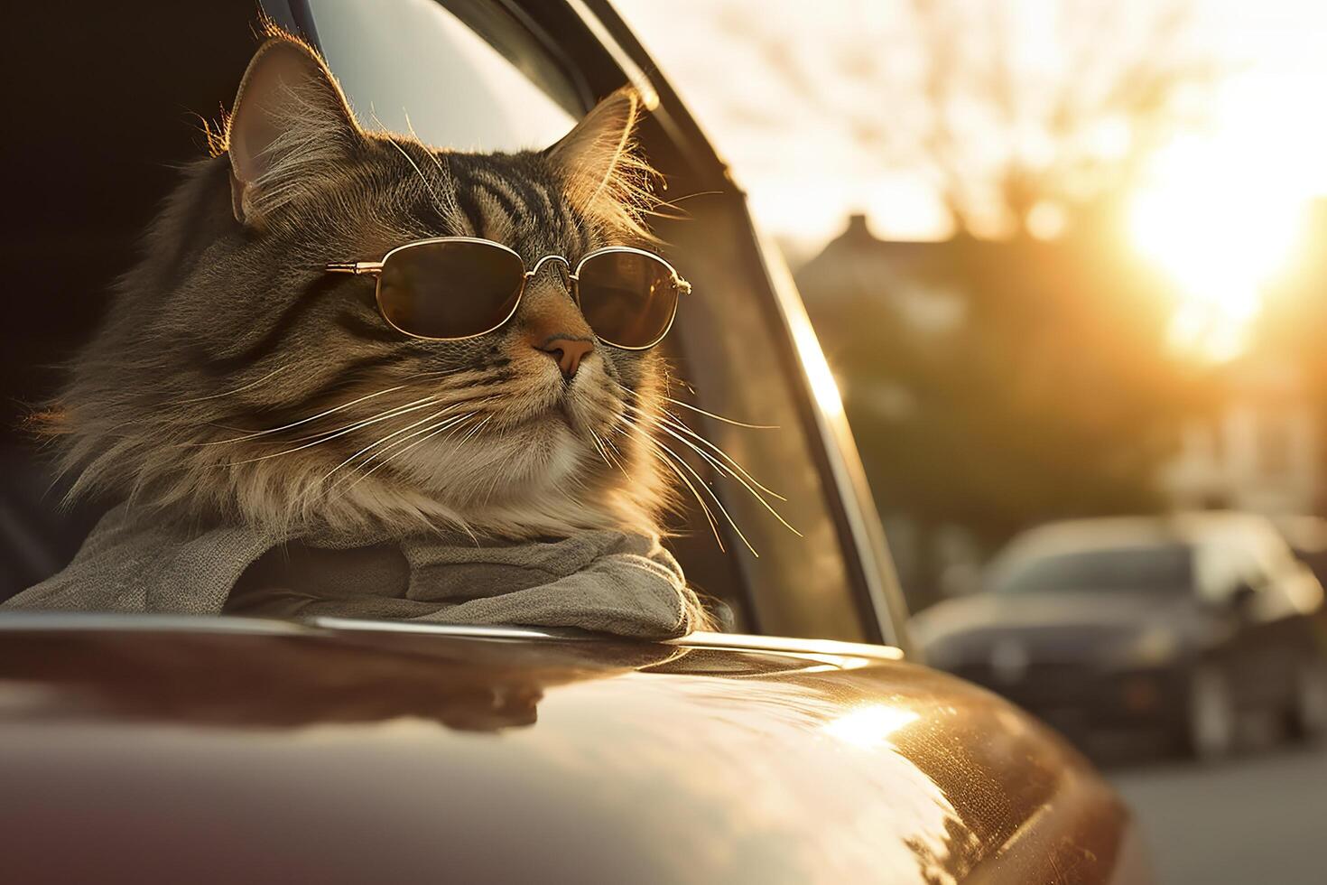 Capture a dreamy reflection by photographing a cat wearing sunglasses with a vintage Leica M6, highlighting the texture and contrast of an old timer car. AI Generative photo