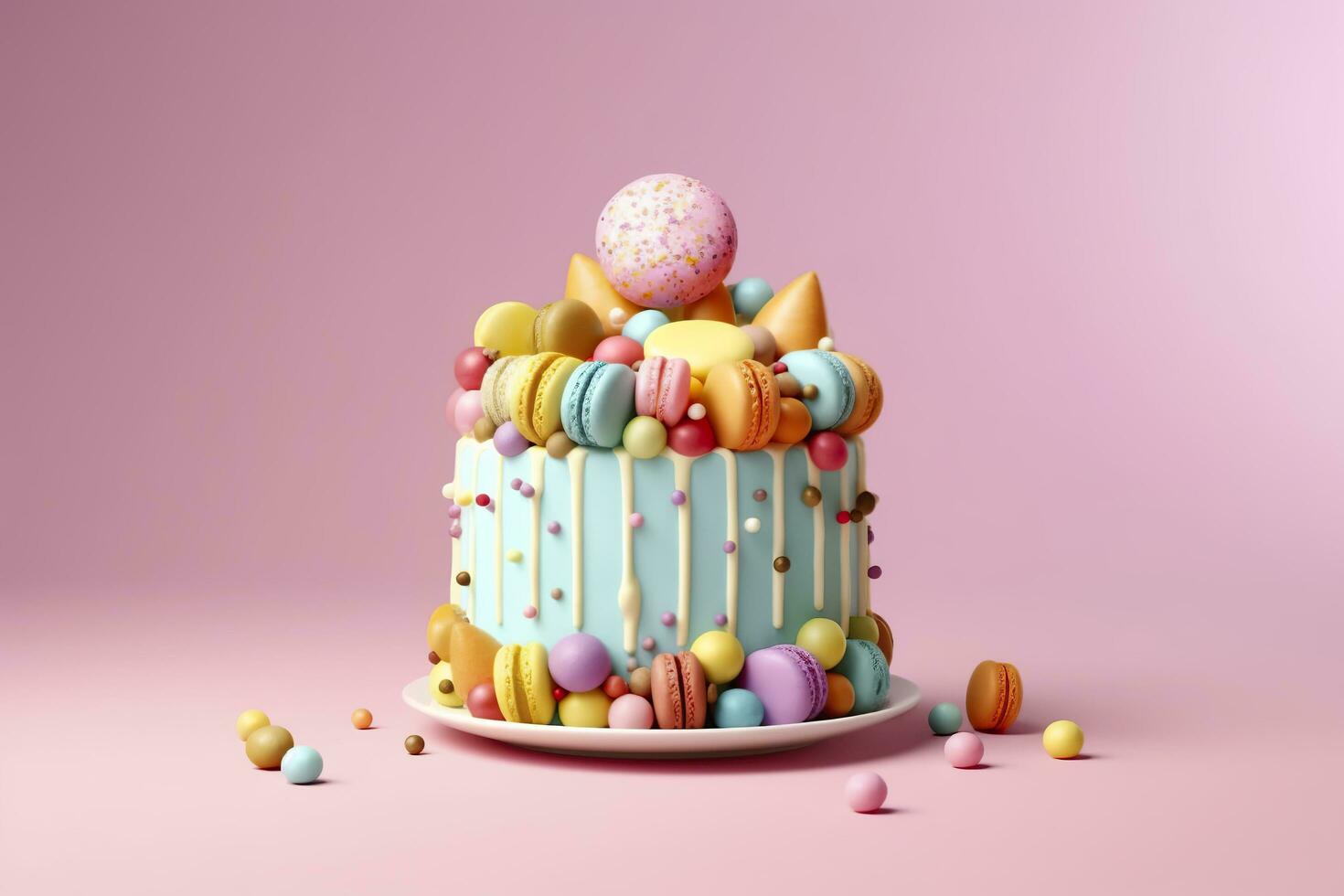 Colorful birthday cake on pastel background. Sweet and delicious Happy Birthday cake, copy space. Celebration concept. AI Generative photo