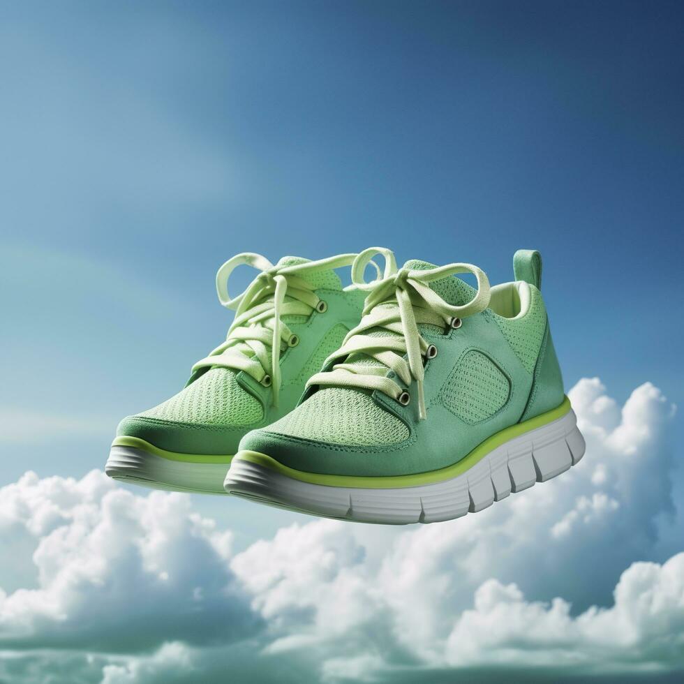 Close up  green sports shoes on a blue sea level with blue sky and white clouds bright light background. Creative advertisement. AI Generative photo