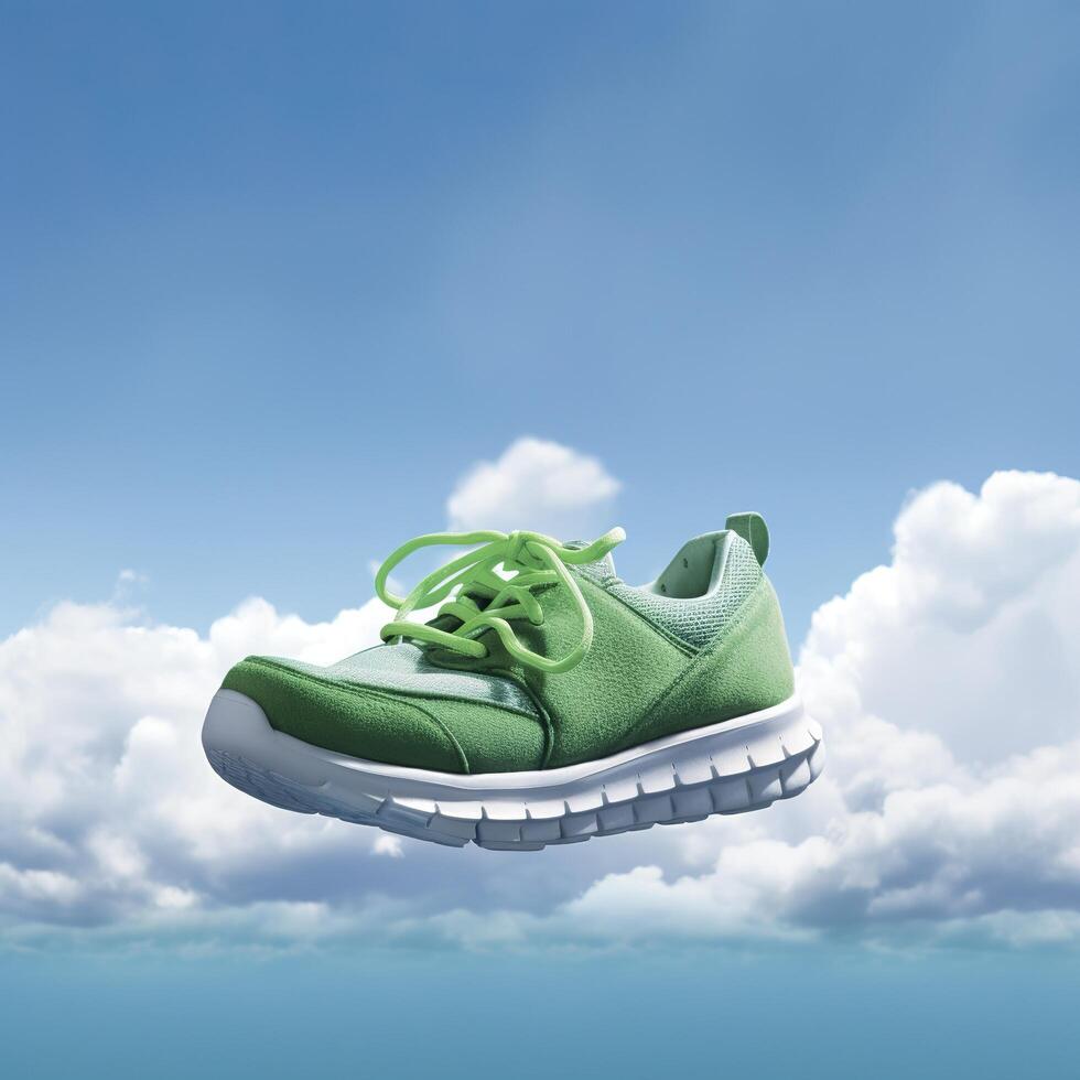 Close up  green sports shoes on a blue sea level with blue sky and white clouds bright light background. Creative advertisement. AI Generative photo