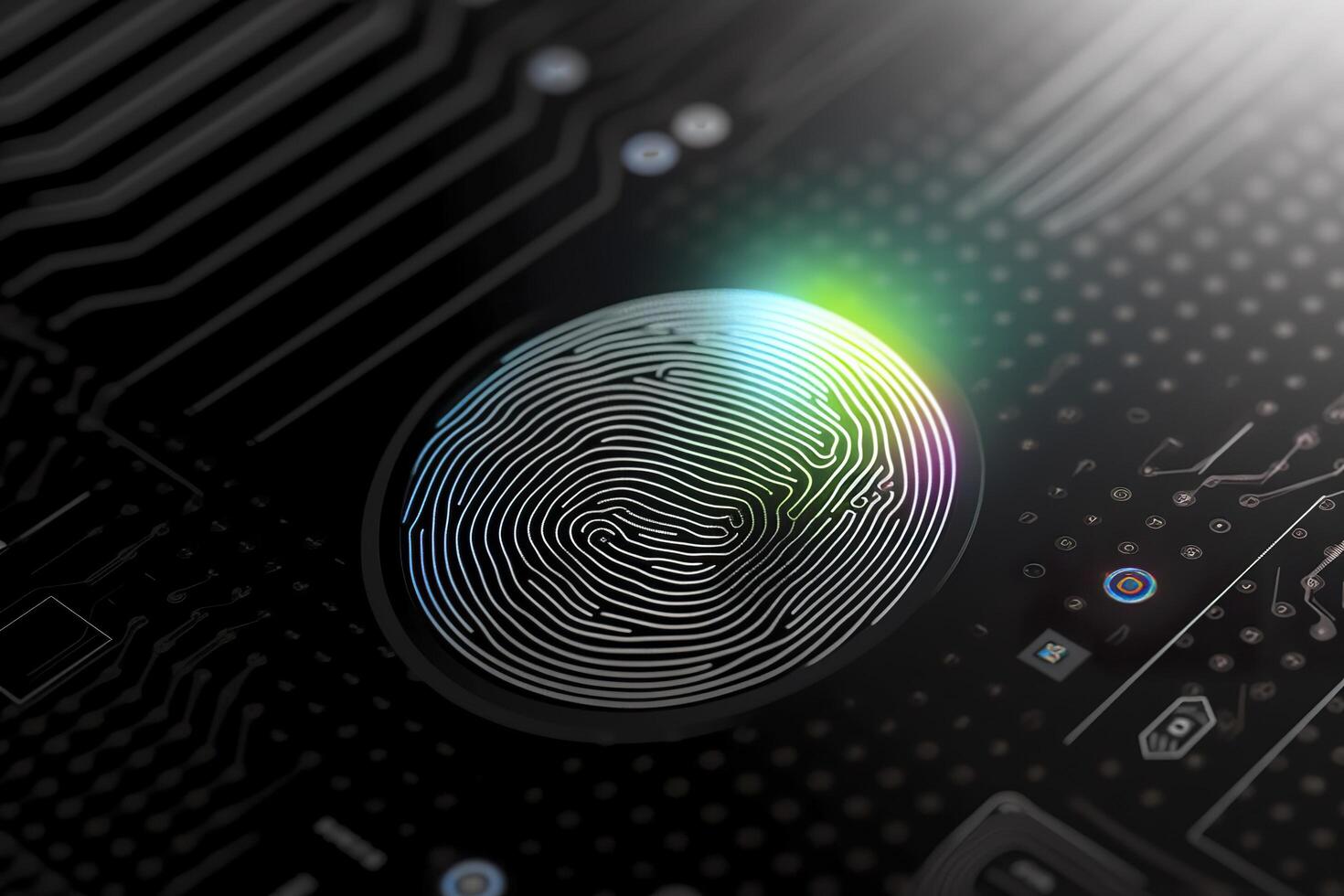 Fingerprint Authentication Button. Biometric Security. Identification and cyber security concept. Glowing neon fingerprint on dark background. AI Generative photo