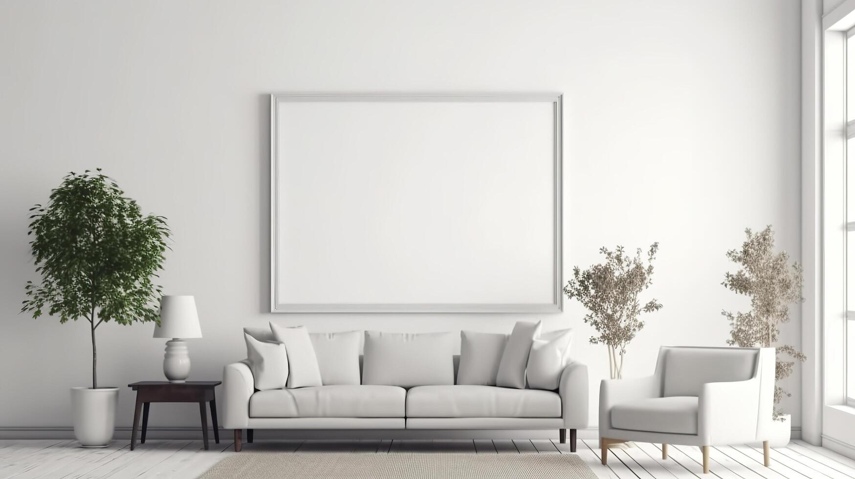 Modern cozy mock up and decoration furniture of living room and empty canvas frame on the white wall texture background, 3D rendering. AI Generative photo